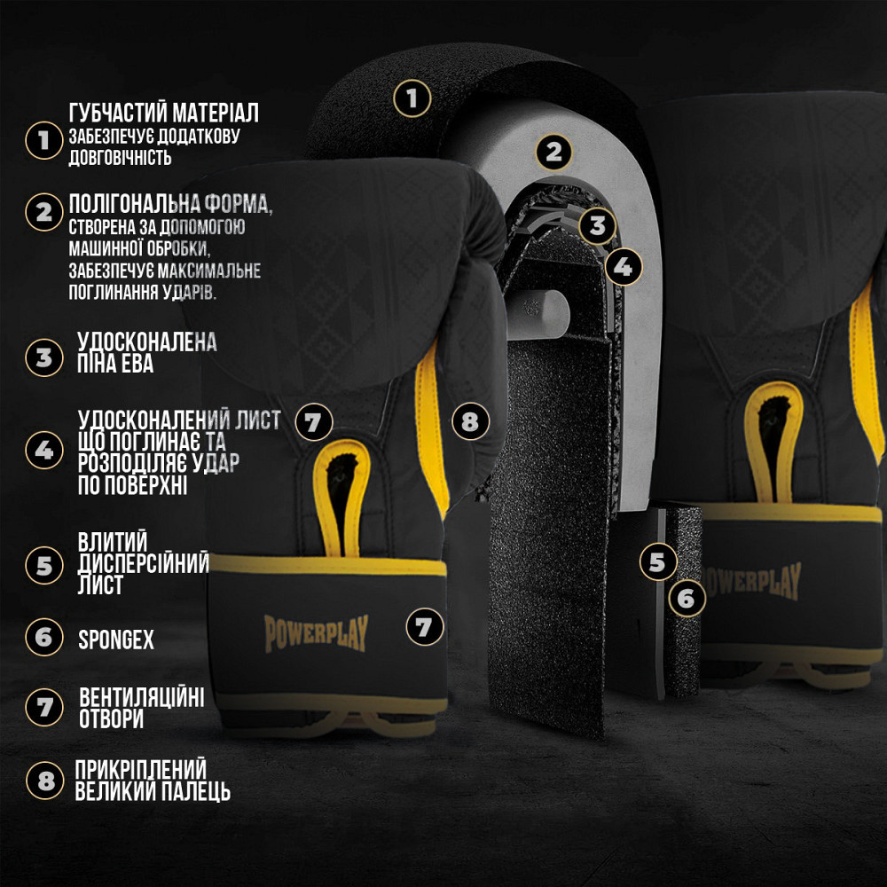 Боксерські рукавиці PowerPlay 3021 Ukraine Чорно жовті 8 унцій Каменское - изображение 5