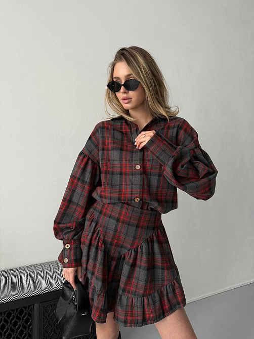 Жіночий стильний костюм-двійка: сорочка та спідниця в карту тіар Графіт, 42/44 Одеса - фото 1