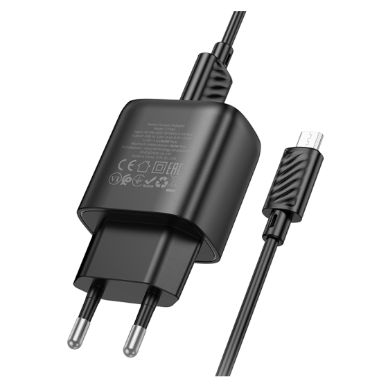 Мережевий зарядний пристрій з кабелем HOCO C140A Smart single port QC3.0 charger set(Micro)(EU) Black Одеса
