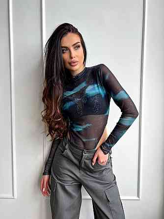 Жіночий напівпрозорий принтований боді зі стрейч сітки Чорний Одеса