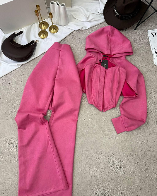 Женский стильный костюм тройка: кофта, корсет и лосины замш на дайвинге Малиновый, 46/48 Одесса - изображение 8