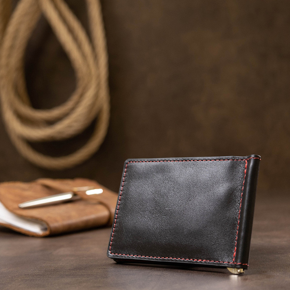 Шкіряний стильний затиск для грошей унісекс GRANDE PELLE 11541 Чорний Київ - фото 3