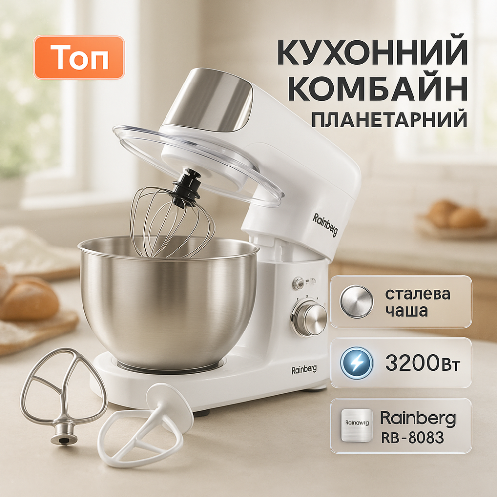 Миксер тестомес планетарный многофункциональный с чашей Rainberg RB-8083 3200 Вт, Тестомесильные машины IX-10 Львов - изображение 16
