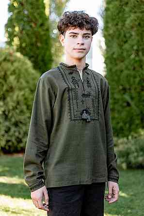 Детская вышиванка для мальчика длинный рукав льняная хаки, детская этническая одежда , детские вышиванки Киев