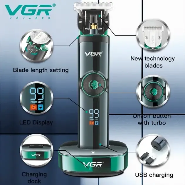 Професійна машинка для стрижки волосся VGR V-671 Black з підставкою, LED дисплеєм та насадками Одеса - фото 8