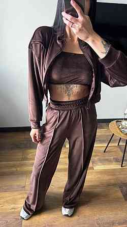 Женский плюшевый костюм тройка: кофта топ и штаны велюр Шоколадный, 44/46 Одесса