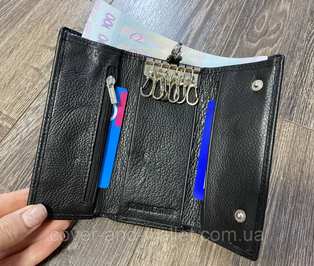 Універсальна ключниця гаманець з карабінами чорного кольору із натуральної шкіри ST 416 Київ - фото 8