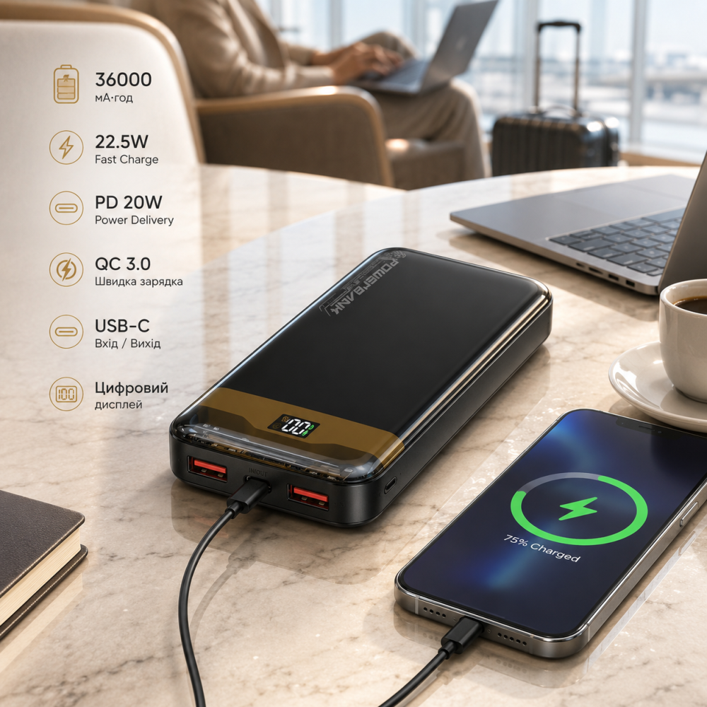Power Bank 36000 мА·ч, быстрая зарядка 22,5 Вт, PD 20 Вт, QC 3.0, USB-C, цифровой дисплей Киев - изображение 8