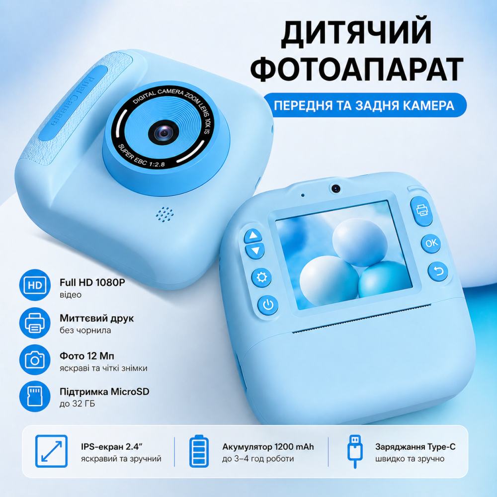 Дитячий цифровий фотоапарат DELANDA з миттєвим друком та записом відео - блакитний Київ - фото 2