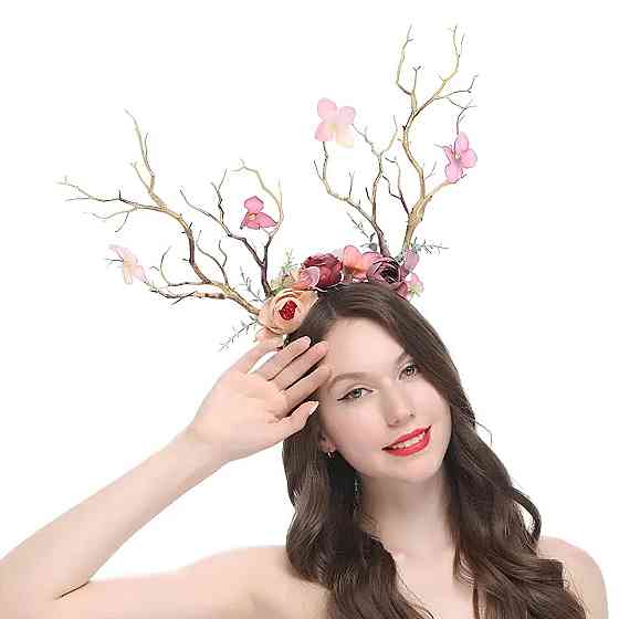 Обруч с цветами и рогами RESTEQ. Ободок с пионами и рогами. Обруч с орхидеями, пионами и ветвями деревьев в виде рогов. Обруч Киев