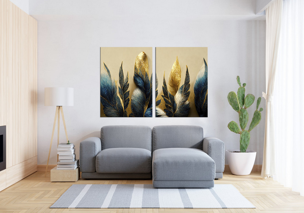 Модульна картина у вітальню/ спальню  Синьо-золоті пір'я    TLV-2_146 70x102 см Київ - фото 3