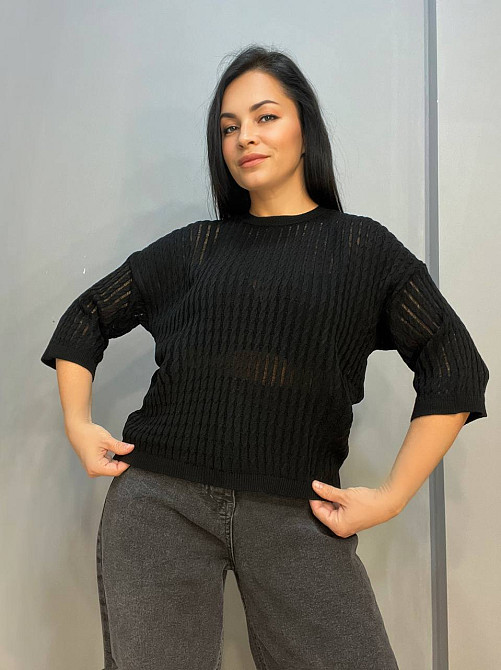 Джемпер женский KARON 10646 полупрозрачный реглан ажурная вязка косичка короткий рукав one size, черный, one size Киев - изображение 12