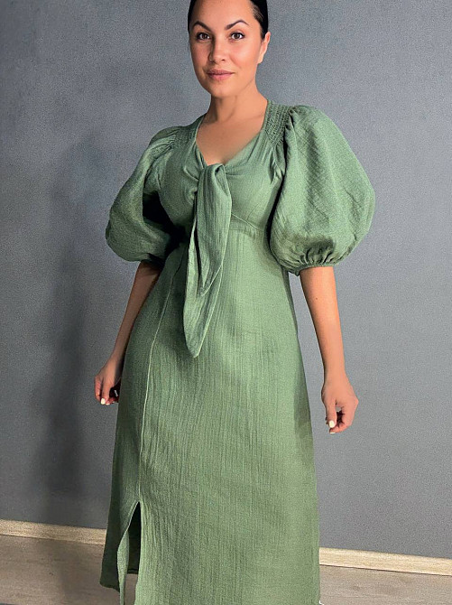 Сукня жіноча Mix Ray 4196 довга з розрізом вузол на грудях з муслину хакі, хакі, M Київ - фото 18