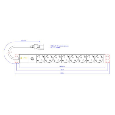 Силовой блок 19" 1U 8xSchuko, вилка IEC C14, кабель 3м. Conteg (DP-RP-08-SCHUF-IEEC14) Винница - изображение 3