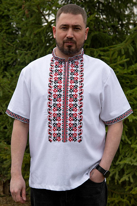 Вышиванка льняная, мужская,  белая,короткий рукав, лен, топ 62 Киев - изображение 1