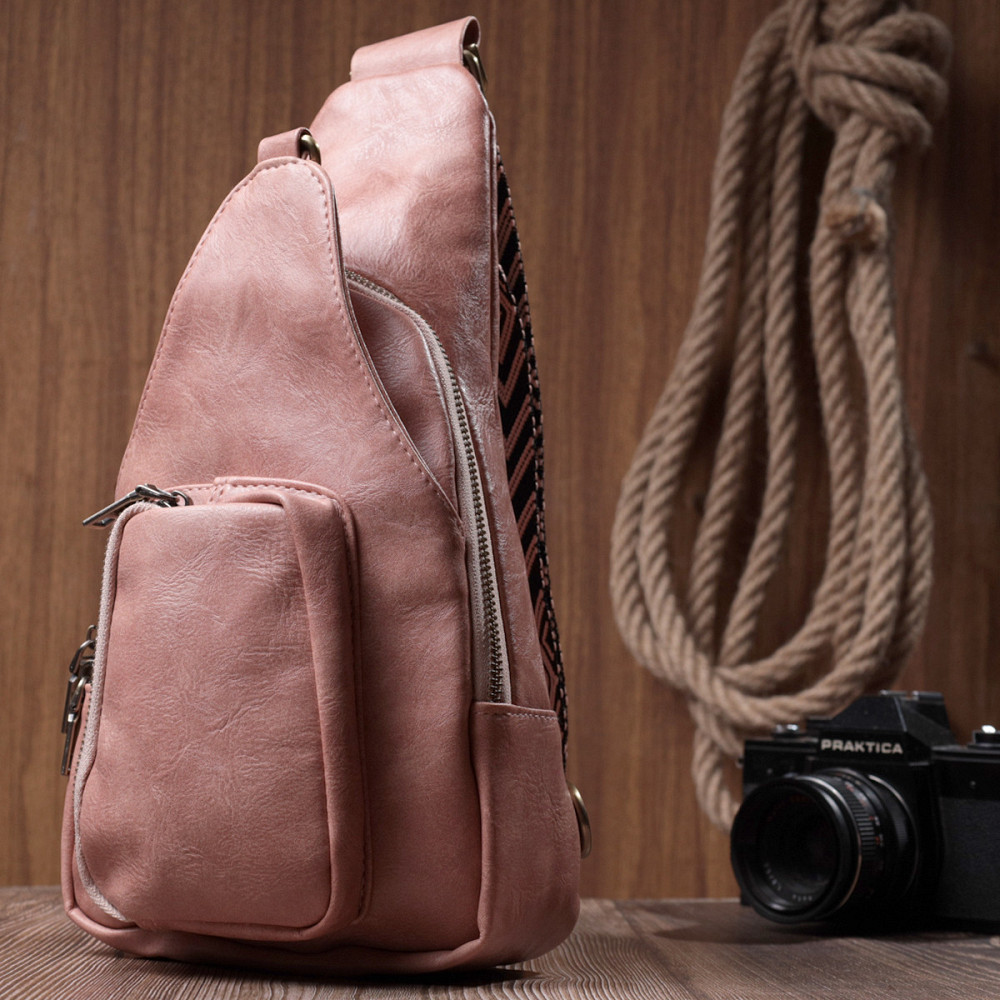 Жіноча сумка з акцентом на текстильну лямку з гладкої екошкіри Vintage 22772 Рожевий Київ - фото 9