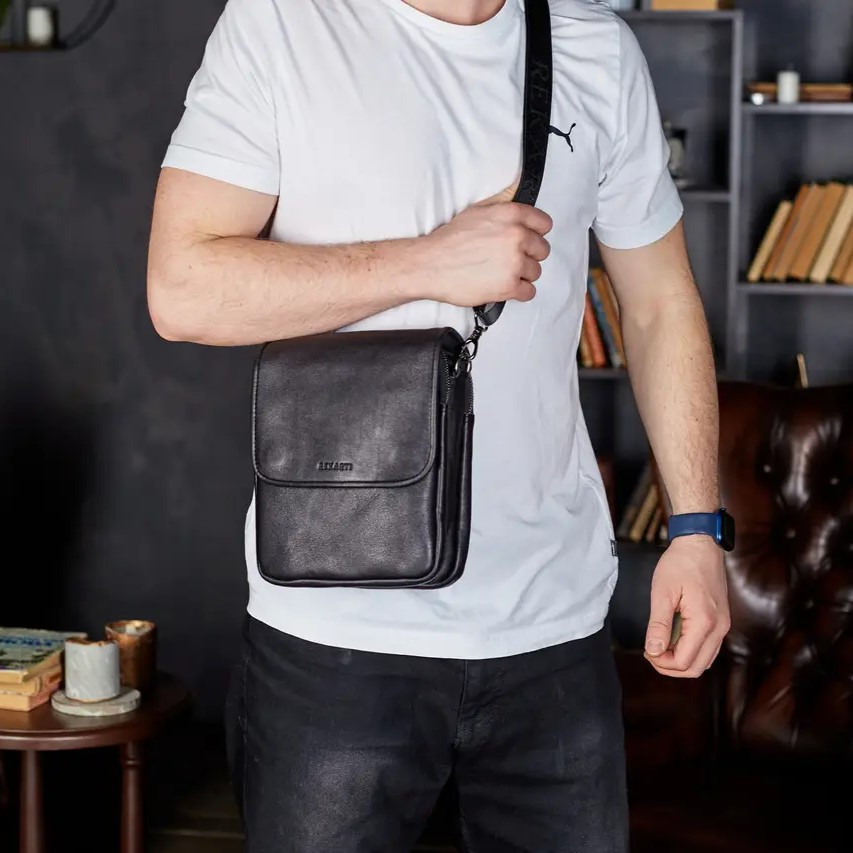 Месенджер із клапаном через плече 24х20х6, шкіряна барсетка Tiding Bag TD-20033 чорна Київ - фото 2