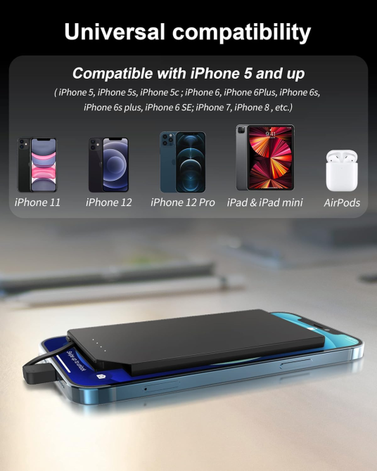Повербанк 5000 миллиампер-часов со встроенным Lightning кабелем для iPhone, тонкий Power Bank, LED индикатор, 115 граммов Киев - изображение 15