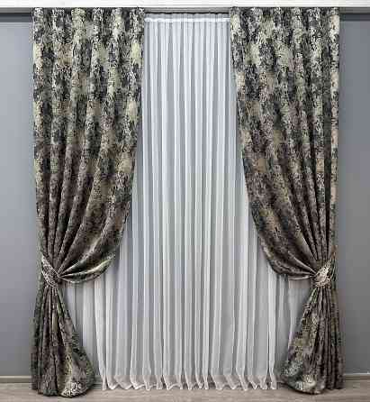 Комплект готових штор VR-Textil Льон Преміум № 1694ш Чорний з бежевим 150х290 см 2 шт (33-0594) Київ