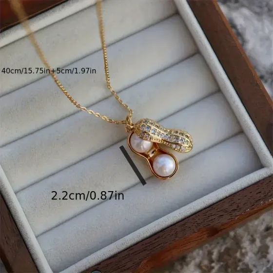 Подвеска в форме арахиса с жемчугом и кристаллами циркония – позолоченная цепочка Киев