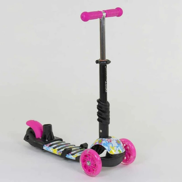 Самокат біговел триколісний Best Scooter з батьківською ручкою підсвічуванням коліс Рожевий абстракція(62310) Чернігів - фото 2