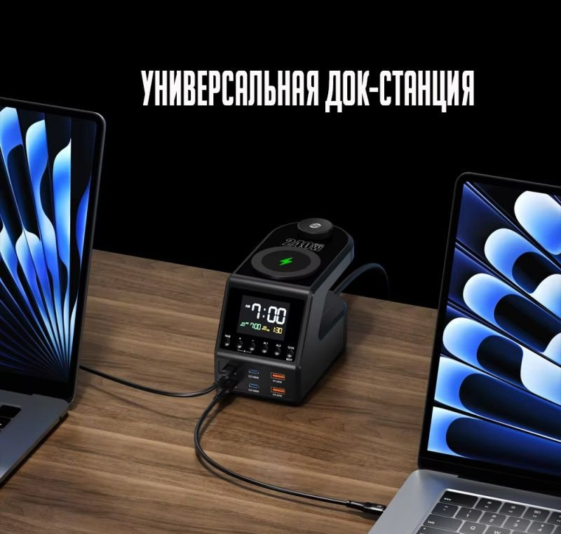 Мережева зарядна док-станція H688 240W LCD з бездротовою зарядкою (4хType-C + 2хUSB) Чорний Вінниця - фото 10