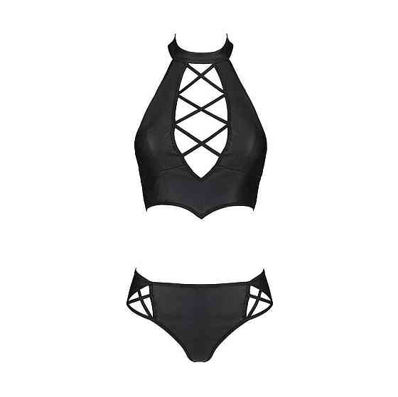 Комплект з еко-шкіри Passion NANACY BIKINI XXL/XXXL, black, бра та трусики з імітацією шнурівки Sex Aura Київ