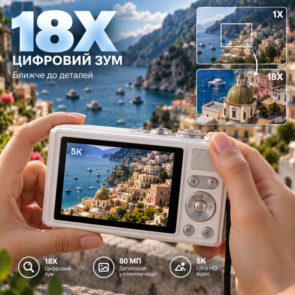 Цифрова камера 5K 80 МП Wi-Fi з подвійним екраном, EIS, 18x Zoom, 2 акумулятори + карта 64 ГБ, біла Київ - фото 4
