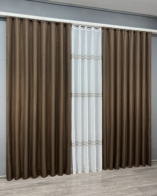 Комплект штор VR-Textil Льон Мішковина 200х270 2шт і Тюль 600х270 277ш-1429т Коричневий з білим 71-173/7 Київ - фото 3
