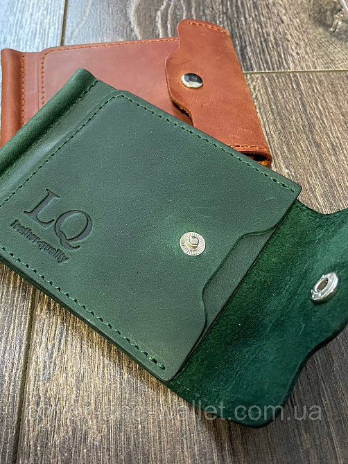 Шкіряний затискач для купюр та карток на кнопці зеленого кольору LQ Leather Київ - фото 2