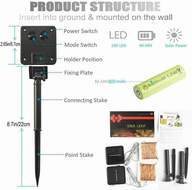 Солнечная гирлянда Wishlink, 2шт по 100 LED, 33 фута теплый белый свет IP65 для улицы, сада, террасы Киев - изображение 3
