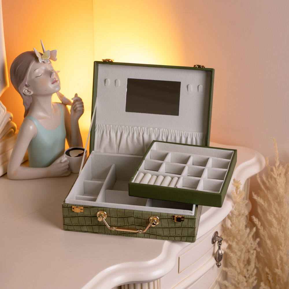 Скринька для прикрас з еко шкіри 19 відділень з дзеркалом 23.5×14×8 см Зелений HP-5-20GR Київ - фото 8