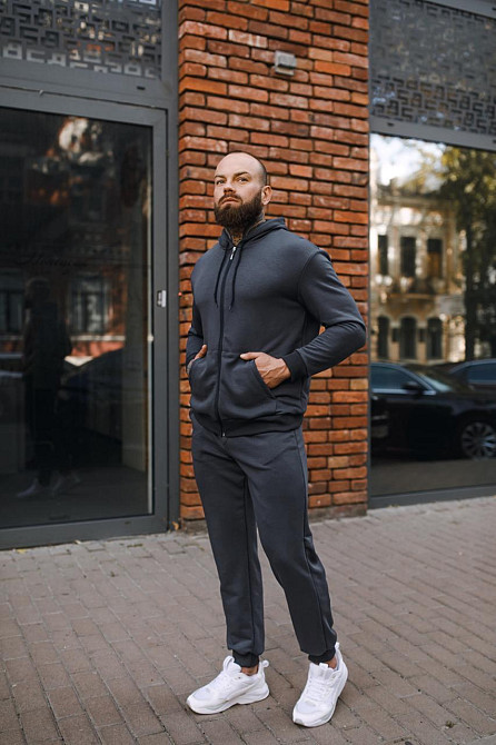 Чоловічий спортивний костюм з капюшоном кофта і штани на манжетах весна осінь графіт Одеса - фото 2