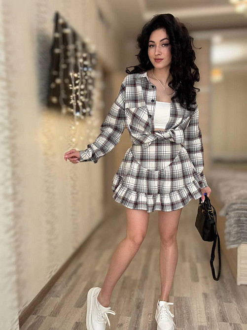 Жіночий стильний костюм-двійка: сорочка та спідниця в карту бавовна тіар Сірий, 50/52 Одеса - фото 7