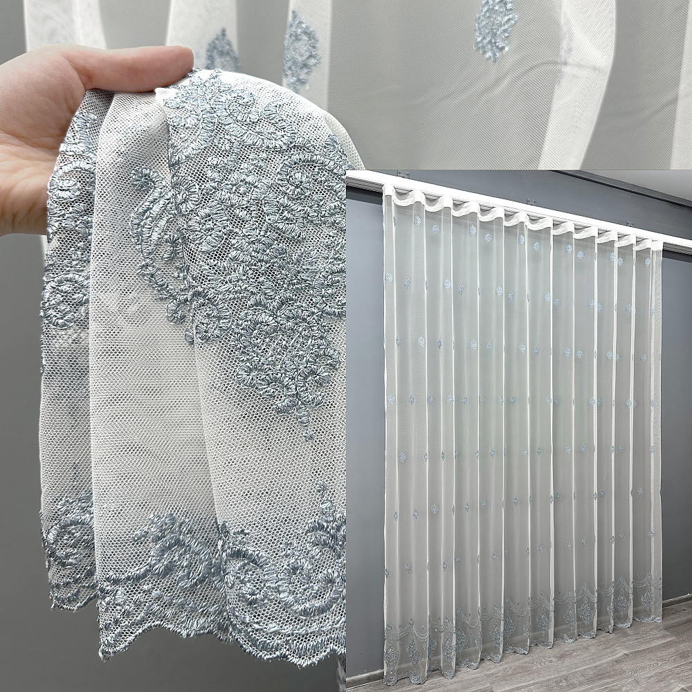 Тюль VR-Textil 1657т Грек-сетка с вышивкой и люрексом Молочный с серо-голубым 300х270 см (42-0661) Киев - изображение 1