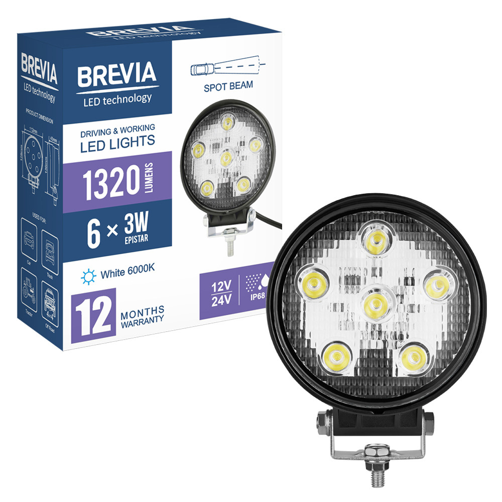 Фара светодиодная Brevia Epistar Spot 10-30V, 18W (6x3W), 1320Lm, 1шт (10621RSX1) Львов - изображение 8
