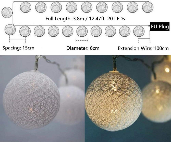 Гірлянда Ciskotu з бавовняними кульками 3.8 м, 20 LED кульок, Тайська гірлянда, біле світло, IP44, для декору Київ - фото 5
