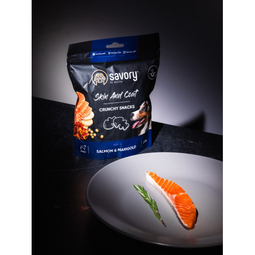 Хрустящие лакомства Savory Skin and Coat with Salmon and Marigolds для собак всех пород для здоровья кожи и шерсти с лососем и Киев - изображение 6