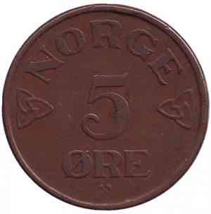 Монета 5 эре. 1953,52 год, Норвегия. (БД) Полтава