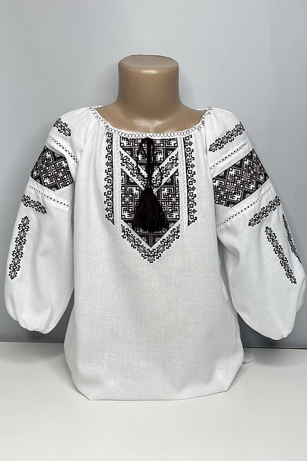 Вышиванка для девочки Серафима с длинным рукавом белого цвета с коричневым орнаментом Сумы - изображение 1