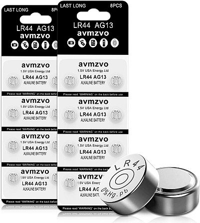 Батарейки LR44 avmzvo 1.5V, 165 мАг, алкалінові, 8 шт, заміна AG13, SR44, A76, без ртуті Київ - фото 1