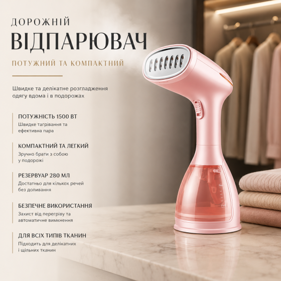 Ручний відпарювач для одягу HYUNDAI 1500 Вт Pink, дорожній портативний парогенератор, міні-праска, вертикальне відпарювання Київ