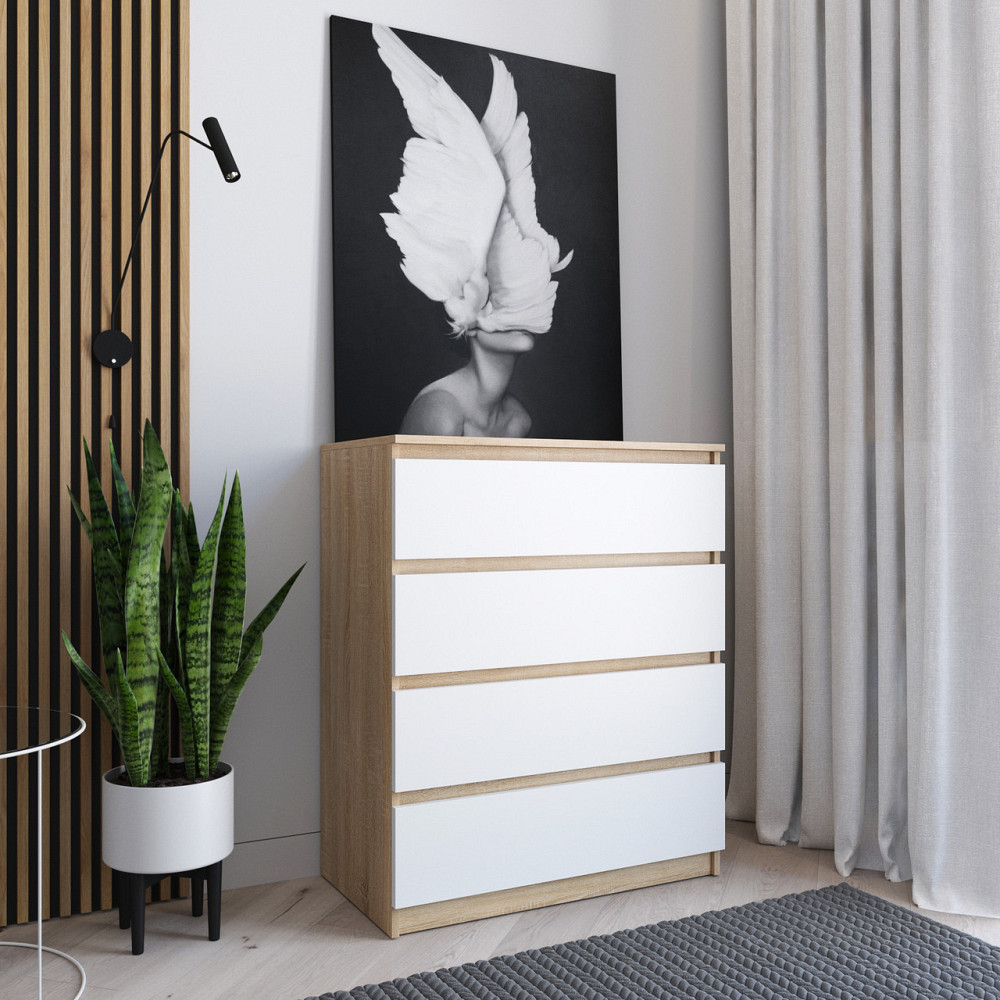 Комод VAYS R-4 Дуб Сонома-Білий фасад, на 4 шухляди без ручок, ЛДСП 80×40×98 см – для дому, офісу, вітальні, спальні Львів - фото 1