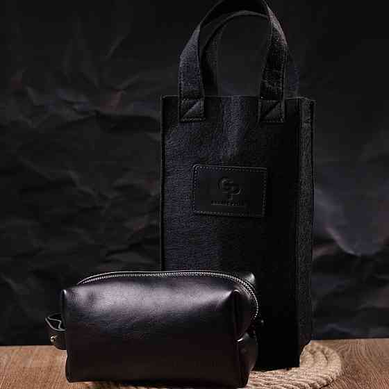 Косметичка середнього розміру з гладкої шкіри на блискавці Чорна (GRANDE PELLE) Київ