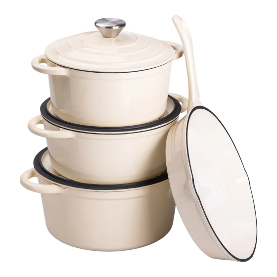 Набір чавунного посуду 1/2/3/4 л емальований 3 каструлі сковорода, комплект кухонного начиння для готування Бежевий HP-1-6-WHITE Коломыя