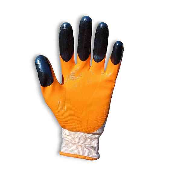 Робочі рукавички з жовтогарячо-чорним нітриловим покриттям для захисту рук у будівництві та господарстві Харків