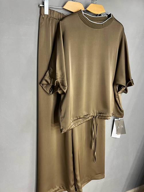 Костюм жіночий A-N 27012 шовковий блузка з брюками палаццо оверсайз бежевий, бежевий, L Одеса - фото 7