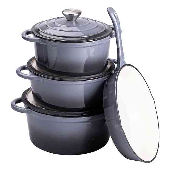 Набір чавунного посуду для приготування 3 каструлі та сковорода з емальованим покриттям Сірий HP-1-5 Київ