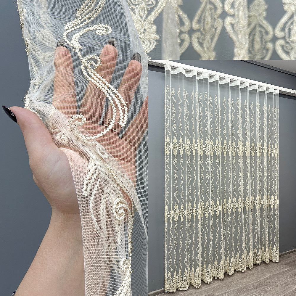 Тюль VR-Textil 1852т Фатин с вышивкой Корд и люрексом Молочный с золотистым 300х270 см (40-206) Киев - изображение 1