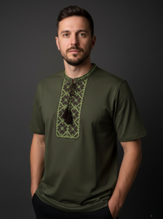 Чоловіча Футболка вишиванка кольору хакі з салатовим орнаментом Київ